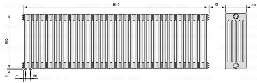 Схема (чертеж) Радиатор Zehnder Charleston 6090/40 №3370 Белый глянцевый RAL 9016